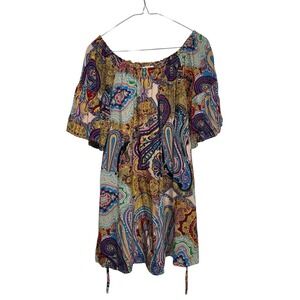 UMGEE Paisley Print Dress Off Shoulder‎ Short Sleeve Bohemian Style Small